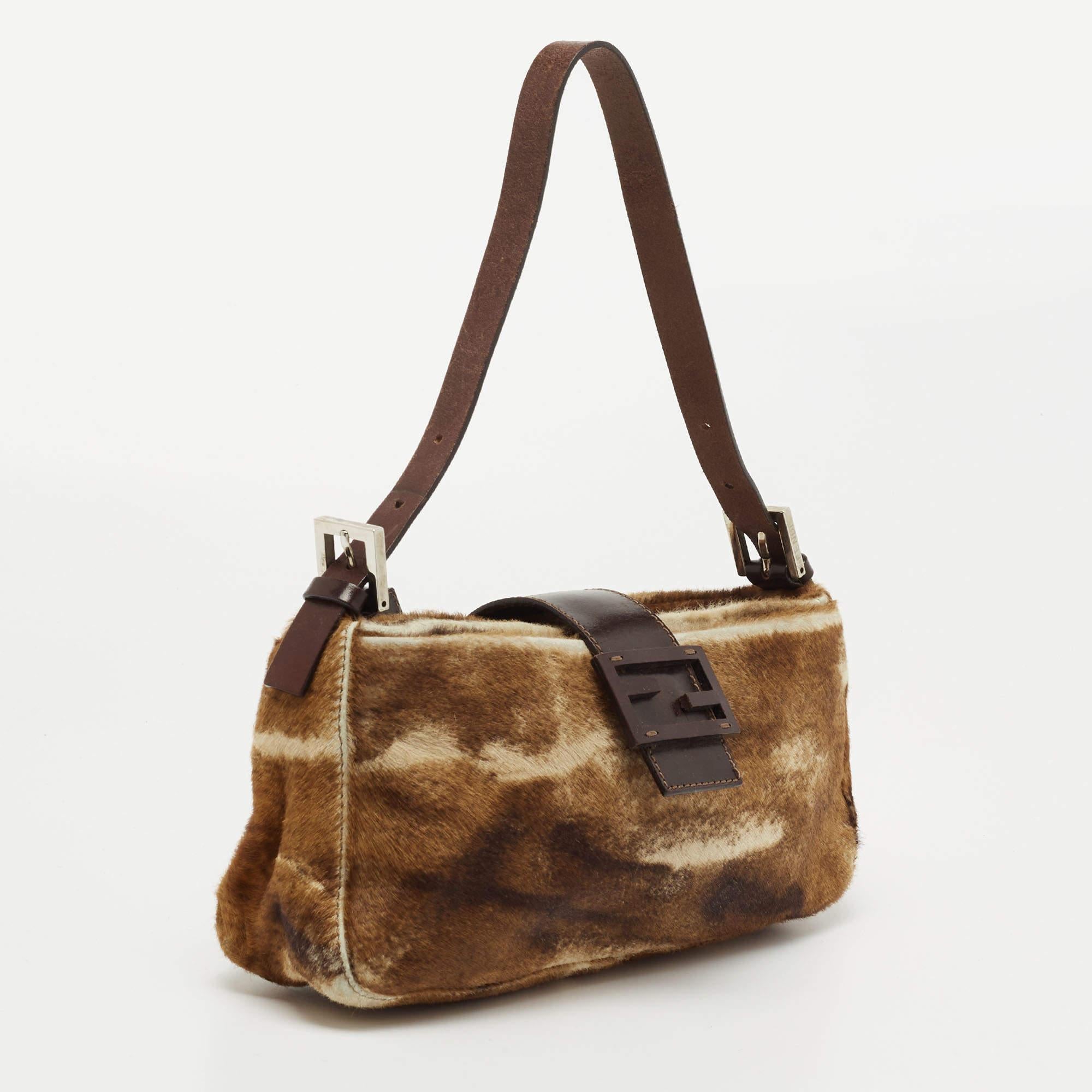Women's Fendi Brown/Beige Calfhair and Leather Baguette Bag