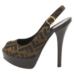 Fendi Brown/Beige Canvas Slingback Peep Toe Sandals Size 38