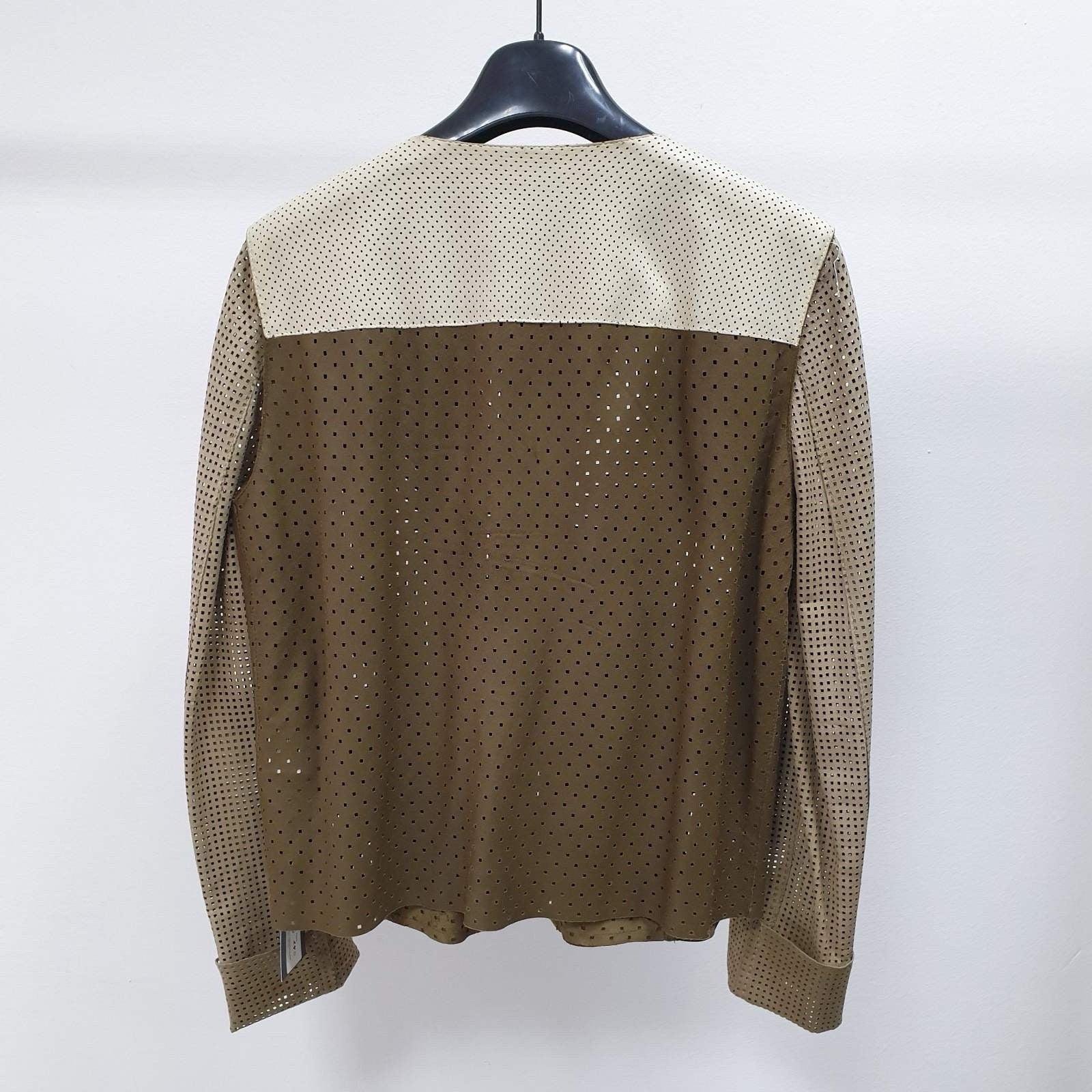 Fendi Braun Beige Elfenbein Perforierte Leder Moto Jacke Sz.40 im Angebot 3