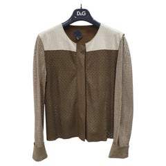 Fendi Braun Beige Elfenbein Perforierte Leder Moto Jacke Sz.40