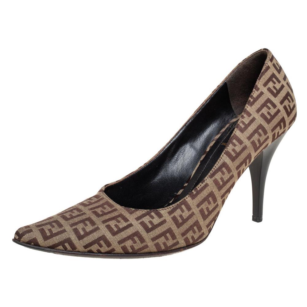 Fendi Brown/Beige Zucca Canvas Slip On Pointed Toe Pumps Size 38