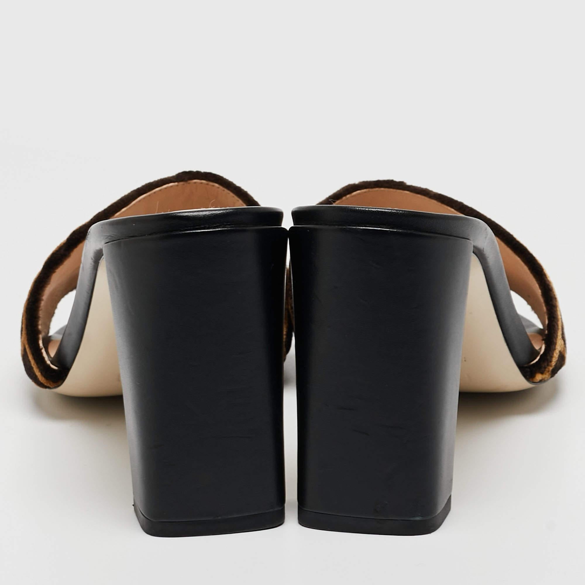 Black Fendi Brown/Beige Zucca Velvet Slide Sandals Size 39
