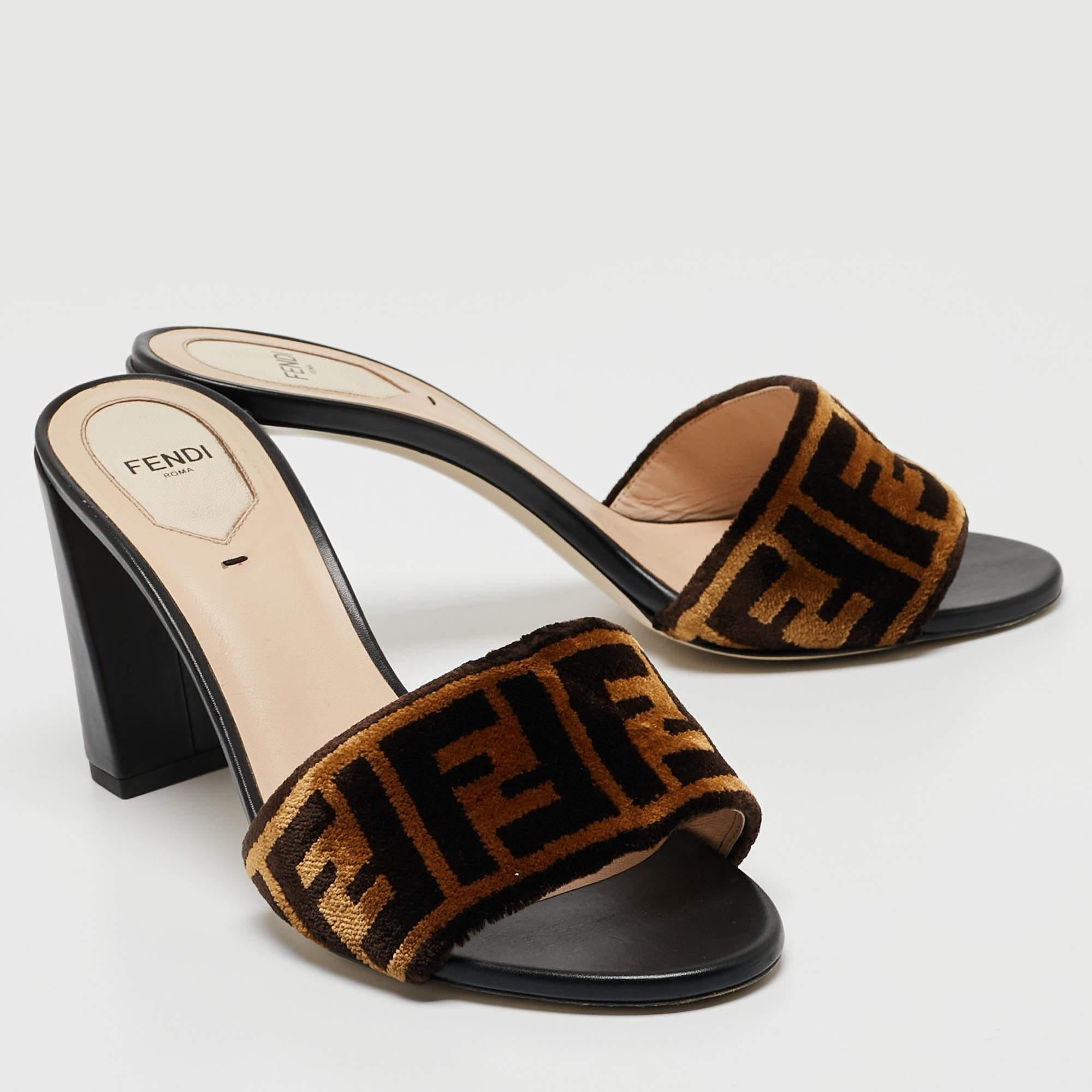 Fendi Brown/Beige Zucca Velvet Slide Sandals Size 39 3