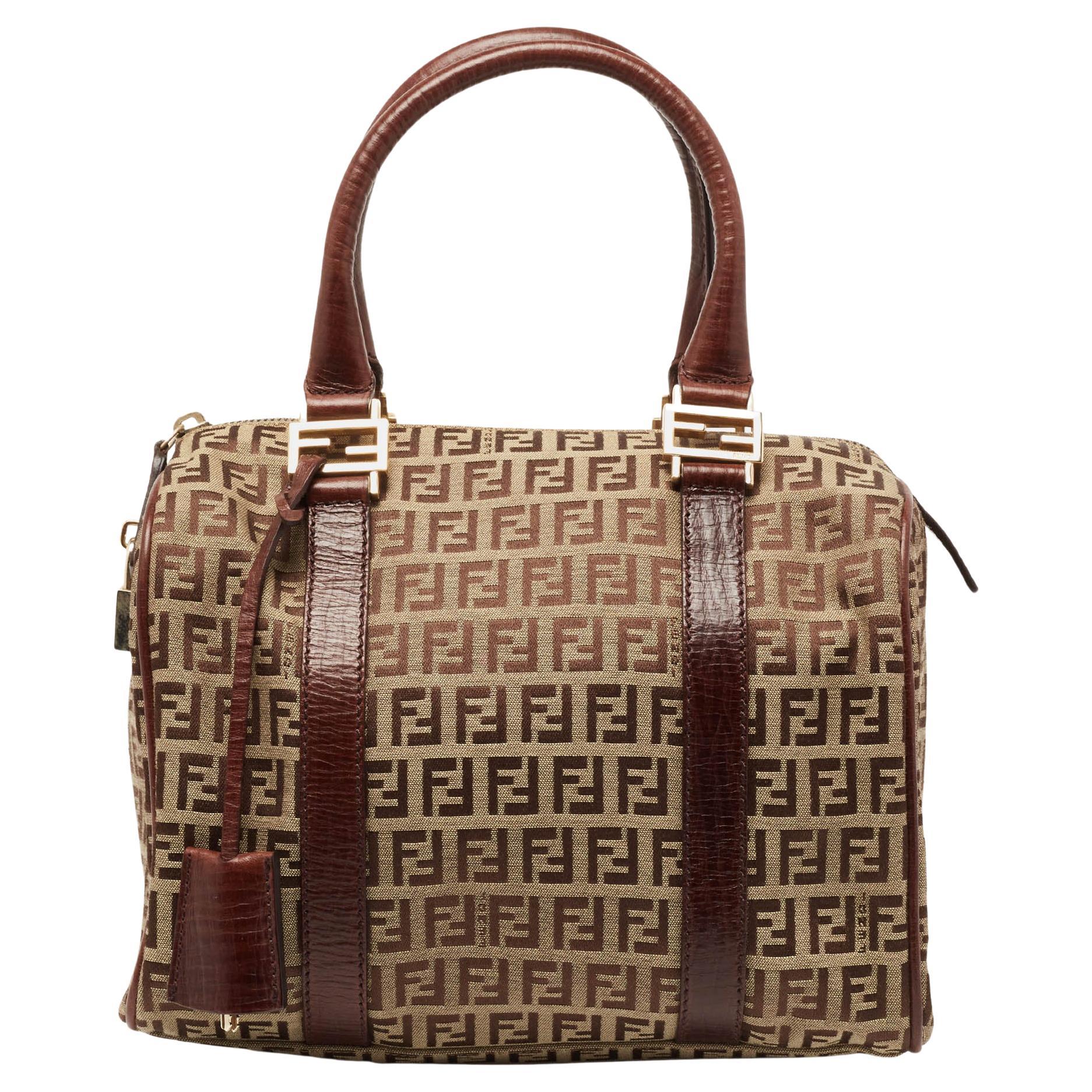 Fendi Brown/Beige Zucchino Canvas and Leather Small Forever Bauletto Bag  For Sale at 1stDibs