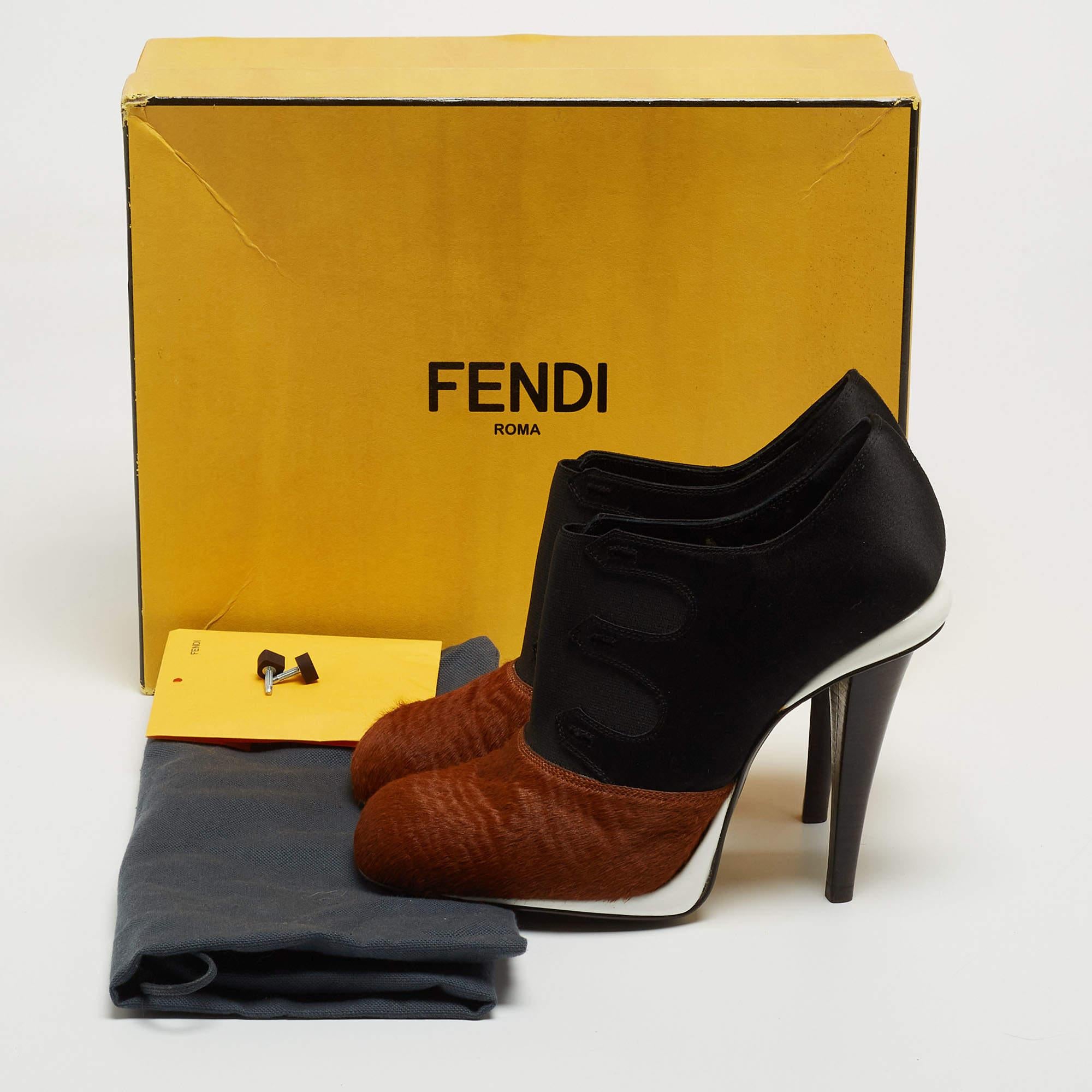 Fendi Brown/Black Calf Hair and Satin Ankle Booties Size 37 For Sale 5