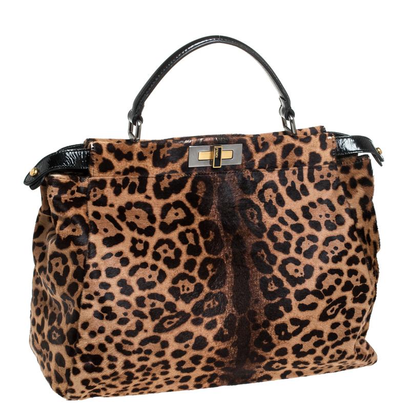 Fendi Brown/Black Calfhair and Patent Leather Large Peekaboo Top Handle Bag In Good Condition In Dubai, Al Qouz 2