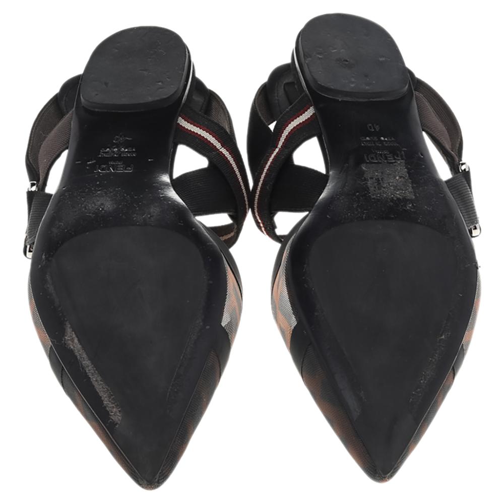 Women's Fendi Brown/Black FF Mesh And Leather Colibri Slingback Flat Sandals Size 40