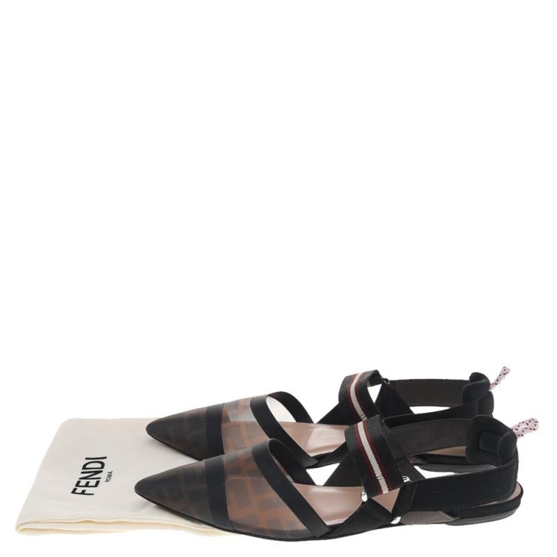 Fendi Brown/Black FF Mesh And Leather Colibri Slingback Flat Sandals Size 40 1