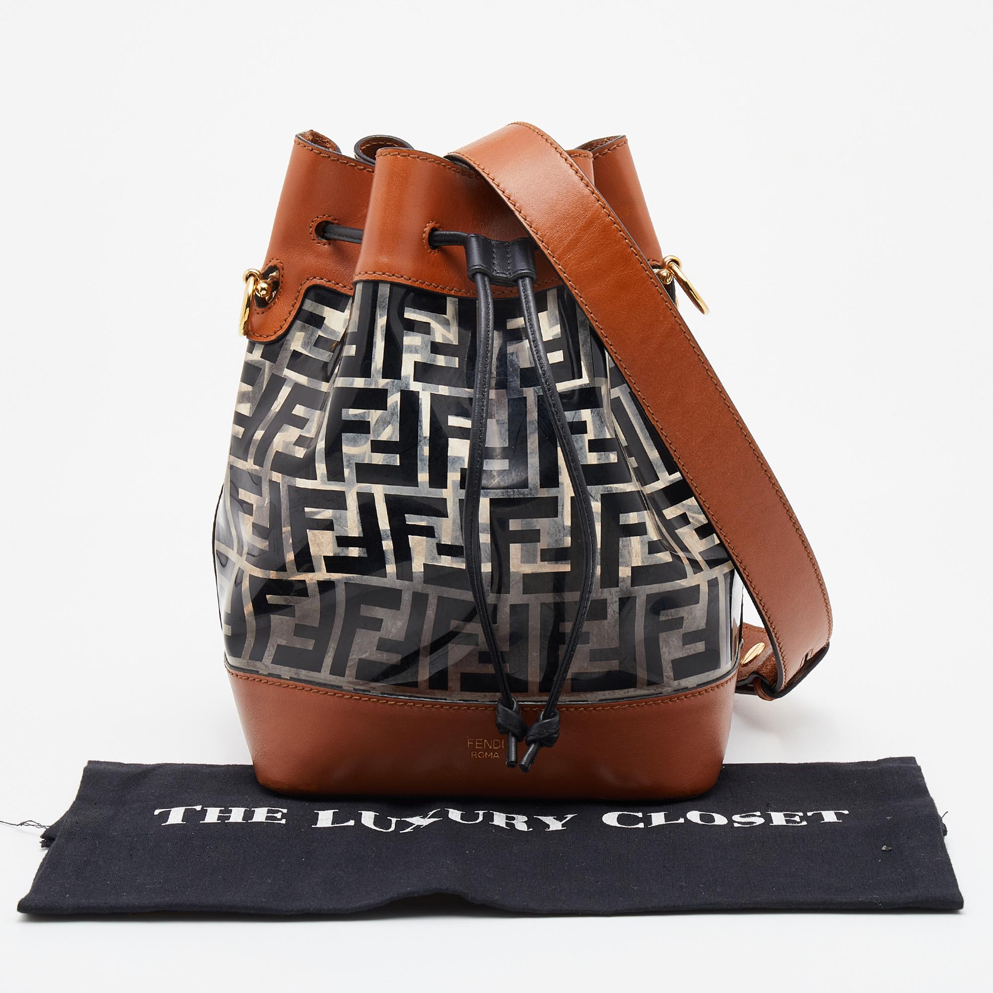 Fendi Brown/Black Leather and PVC FF Logo Print Mon Tresor Bucket Bag 4
