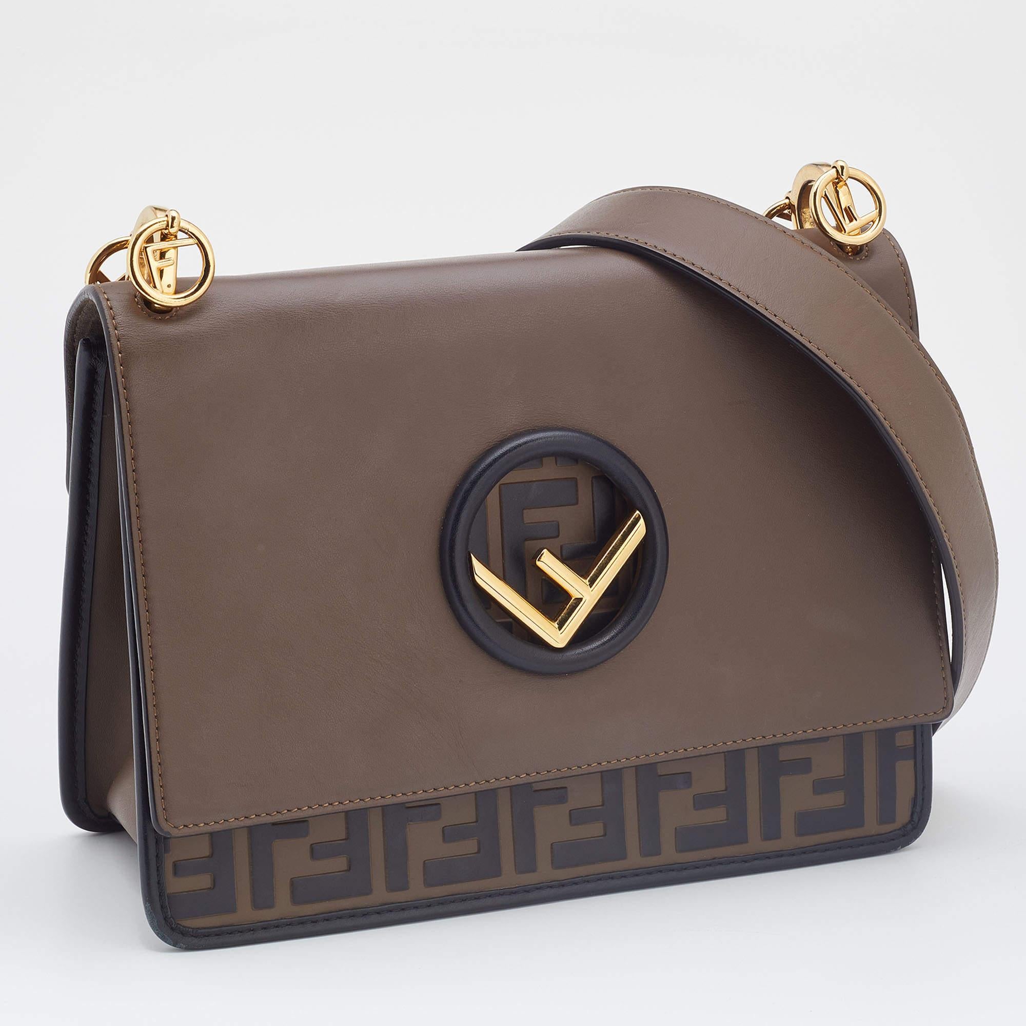 Women's Fendi Brown/Black Leather Kan I F Logo Shoulder Bag
