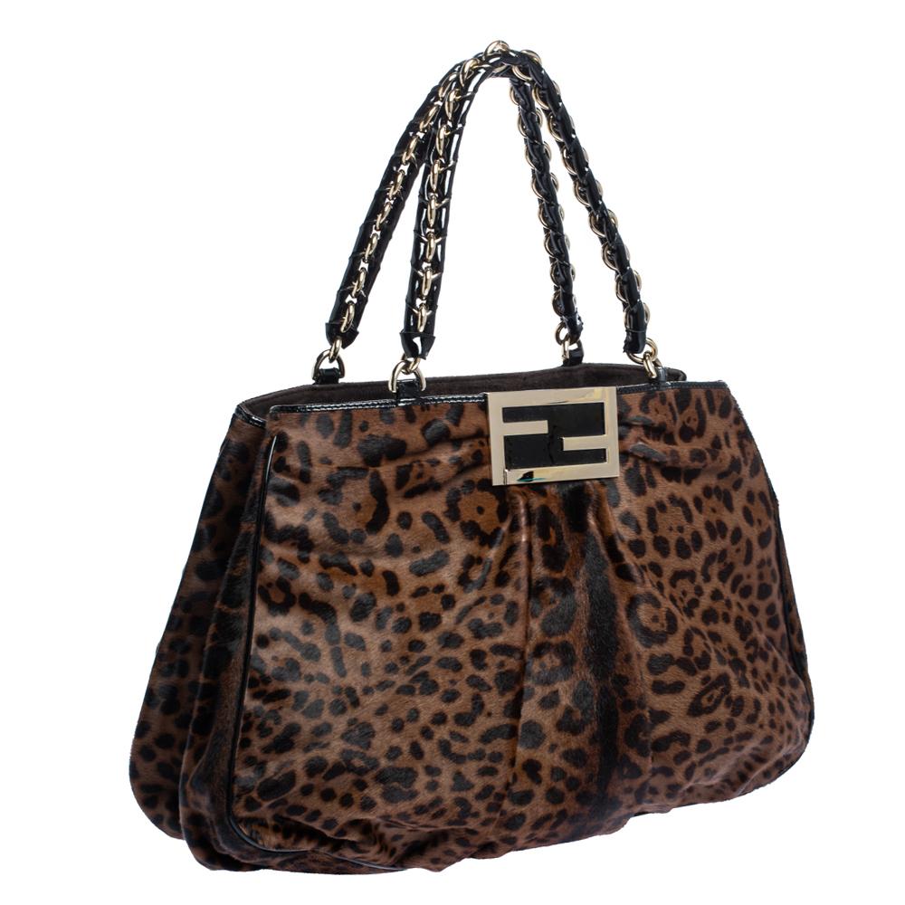 Fendi Brown/Black Leopard Print Calfhair Large Mia Shoulder Bag In Good Condition In Dubai, Al Qouz 2