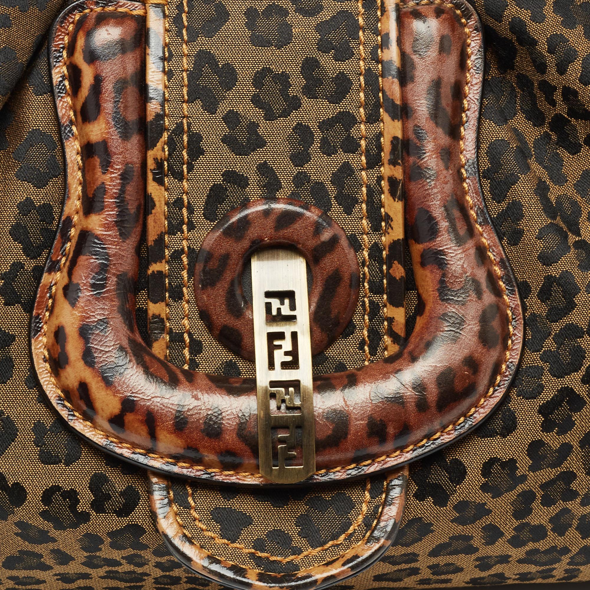 Fendi Brown/Black Leopard Print Canvas B Buckle Hobo 5