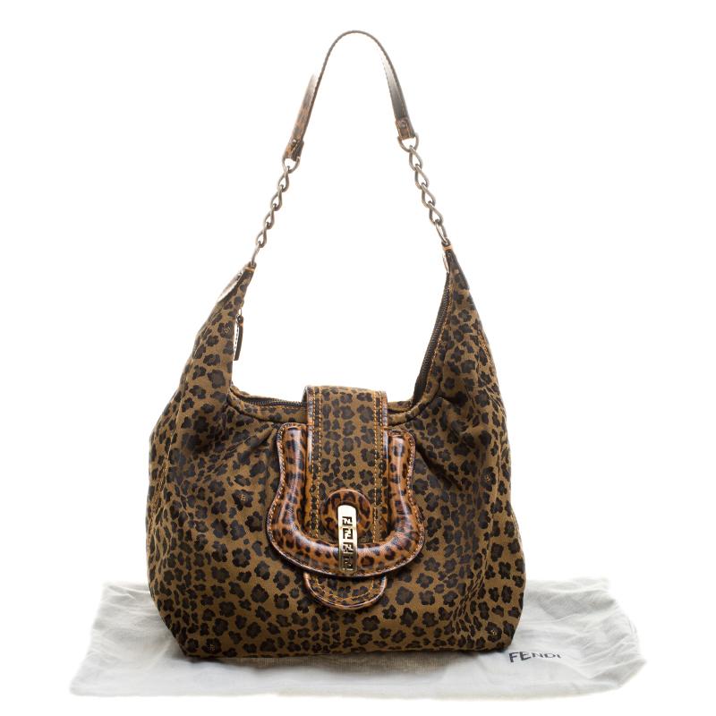 Fendi Brown/Black Leopard Print Canvas B Buckle Hobo 7