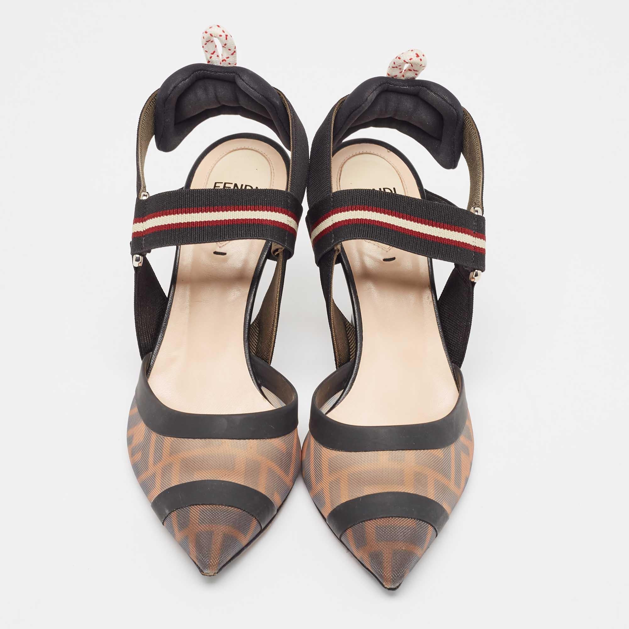 Fendi Brown/Black Mesh and Canvas Colibri Pumps Size 36.5 In Good Condition In Dubai, Al Qouz 2