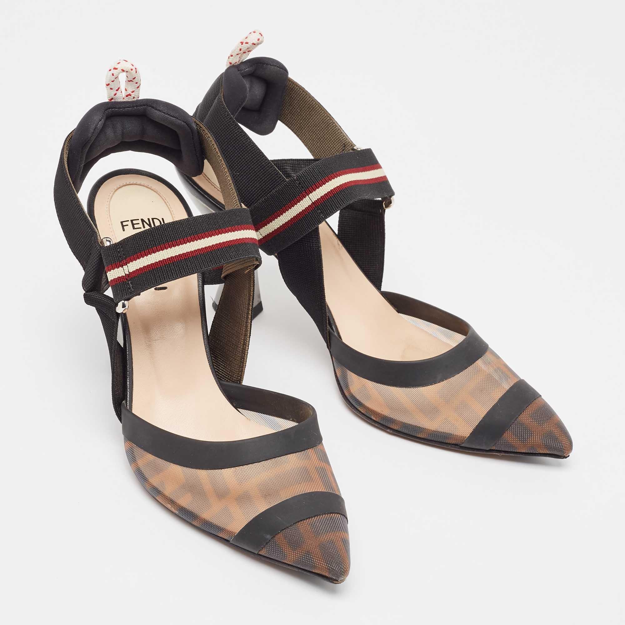 Women's Fendi Brown/Black Mesh and Canvas Colibri Pumps Size 36.5