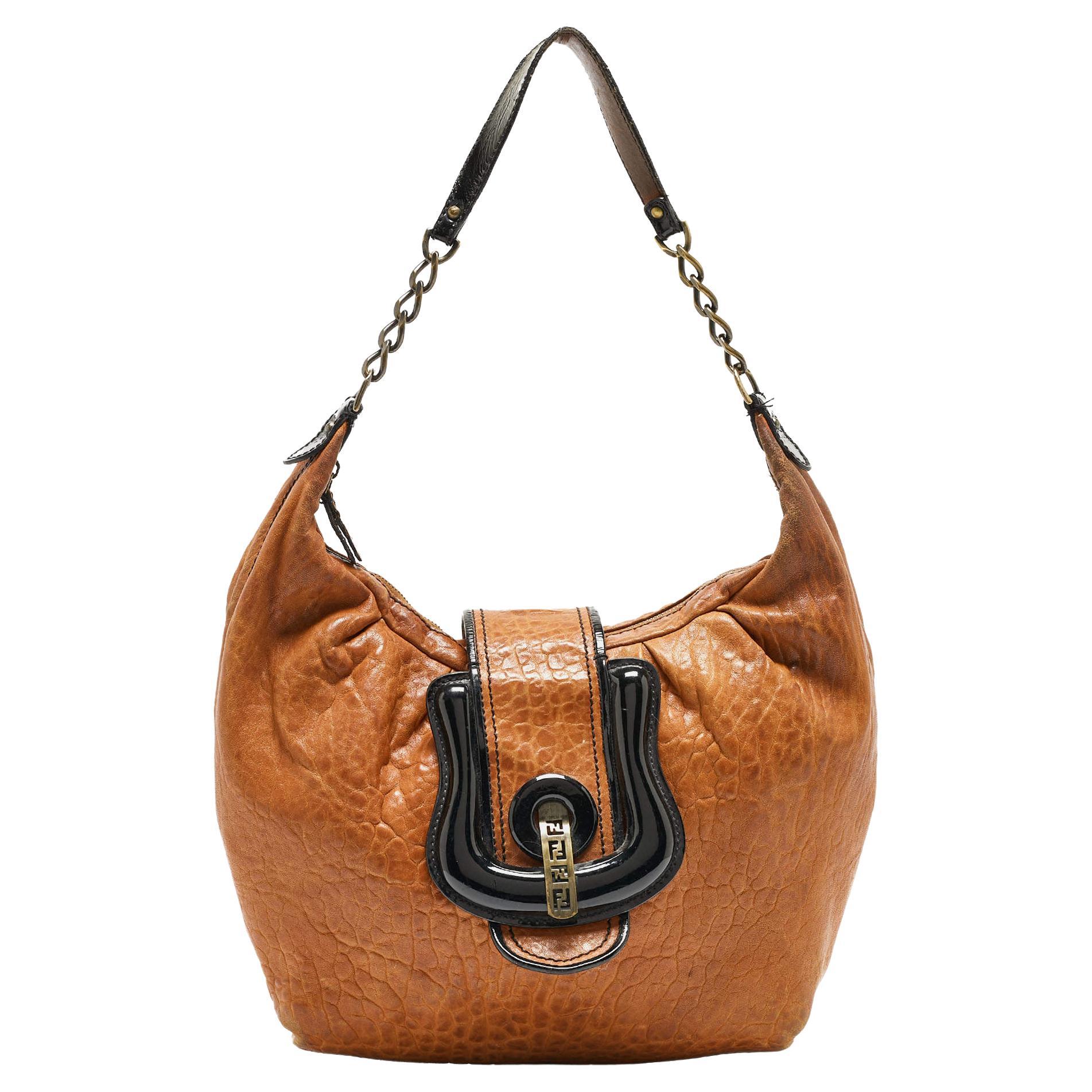 Fendi Brown/Black Patent and Leather B Bis Shoulder Bag For Sale