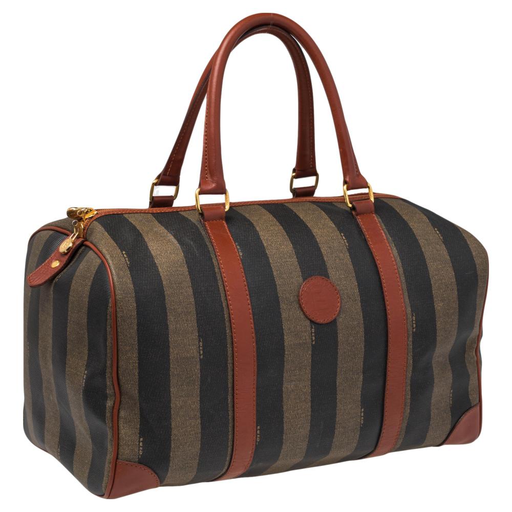 Fendi Brown/Black Pequin Stripe Coated Canvas and Leather Boston Duffle Bag In Good Condition In Dubai, Al Qouz 2