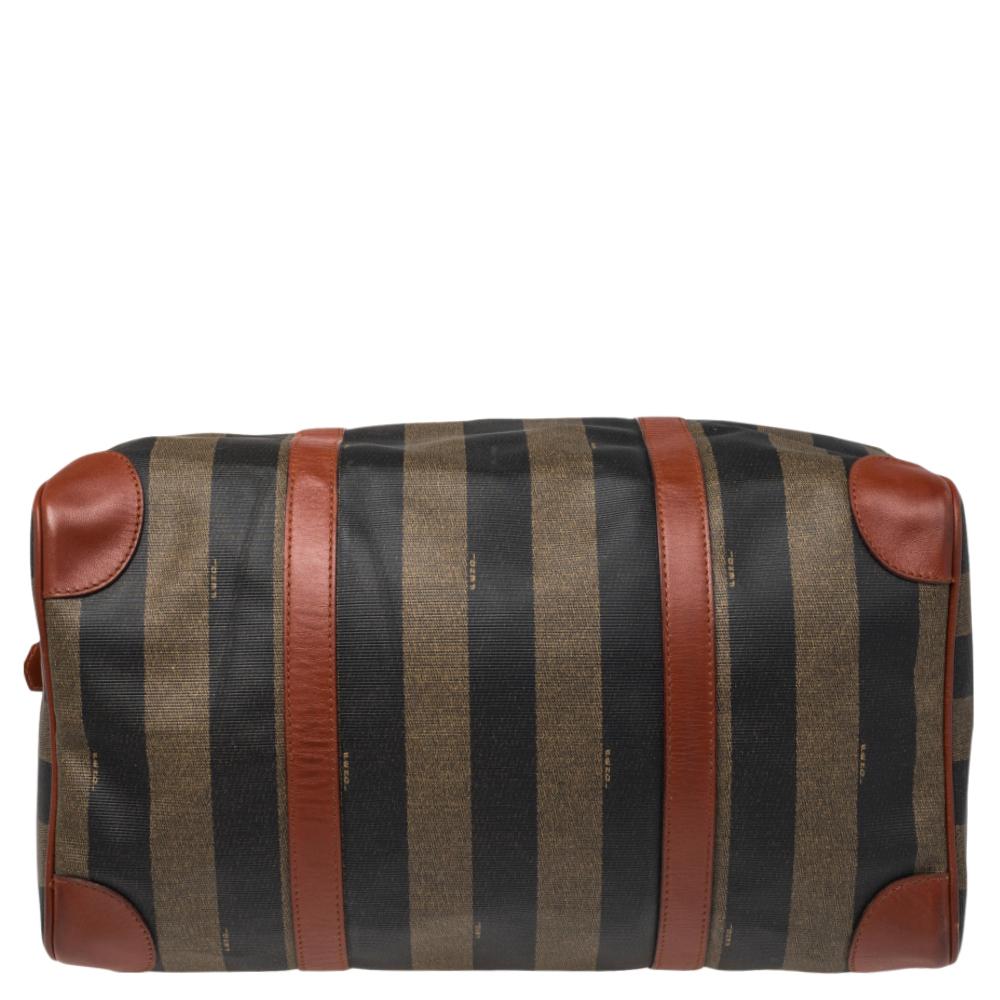 Women's Fendi Brown/Black Pequin Stripe Coated Canvas and Leather Boston Duffle Bag