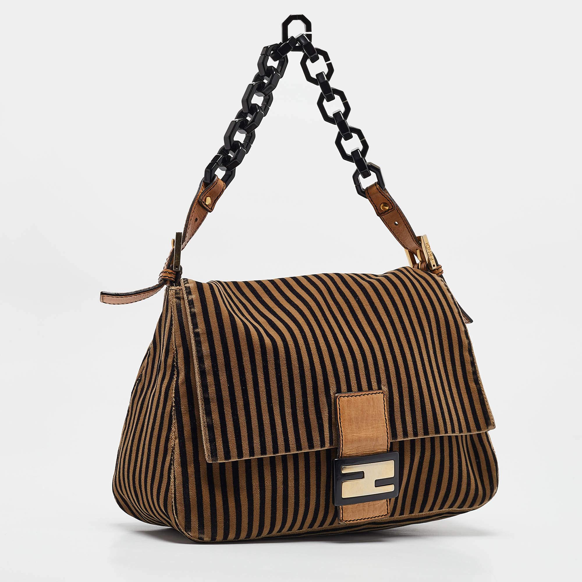 Fendi Brown/Black Stripe Velvet and Leather Mama Shoulder Bag In Good Condition In Dubai, Al Qouz 2
