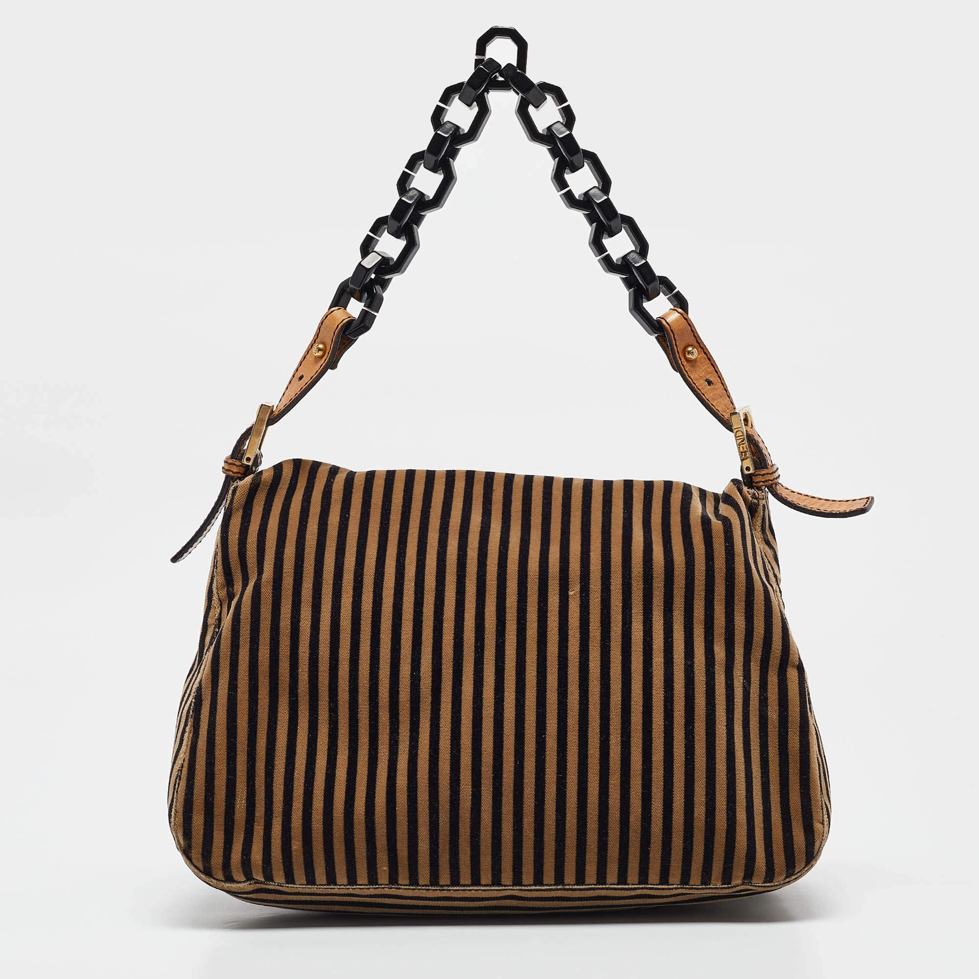 Women's Fendi Brown/Black Stripe Velvet and Leather Mama Shoulder Bag