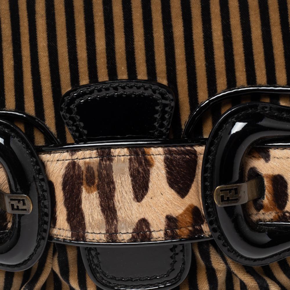 Fendi Brown/Black Striped Velvet and Calfhair B Bis Shoulder Bag In Good Condition In Dubai, Al Qouz 2