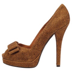 Fendi Brown/Black Textured Suede Bow Peep Toe Pumps Size 40