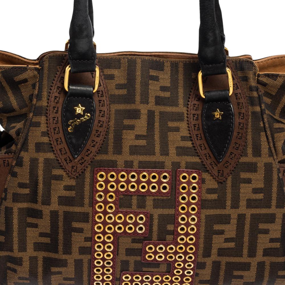 Fendi Brown/Black Zucca Canvas and Suede Small Studded Chef De Jour Satchel 4