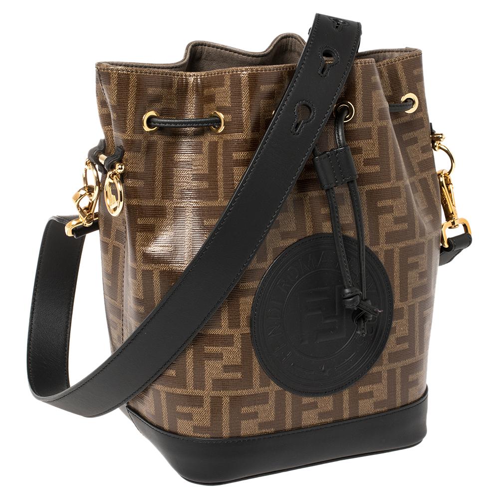 Fendi Borsa a secchiello Mon Tresor in pelle e tela rivestita di zucca marrone/nero In condizioni buone a Dubai, Al Qouz 2