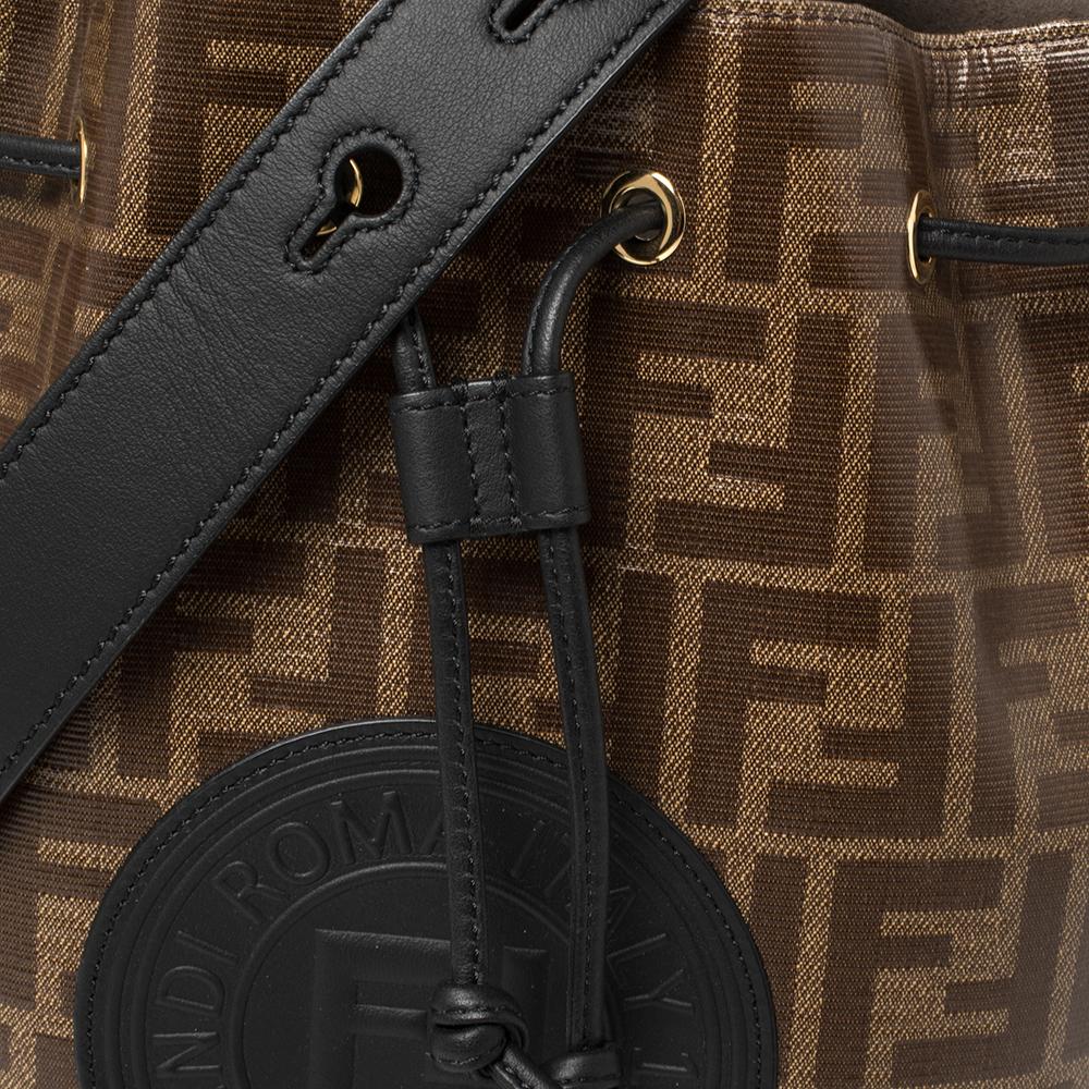 Fendi Borsa a secchiello Mon Tresor in pelle e tela rivestita di zucca marrone/nero 1