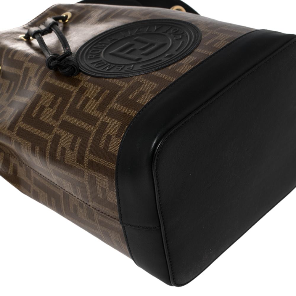 Fendi Borsa a secchiello Mon Tresor in pelle e tela rivestita di zucca marrone/nero 3