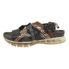 Fendi Brown/Black Zucca Leather and Canvas Flat Sandals Size 43