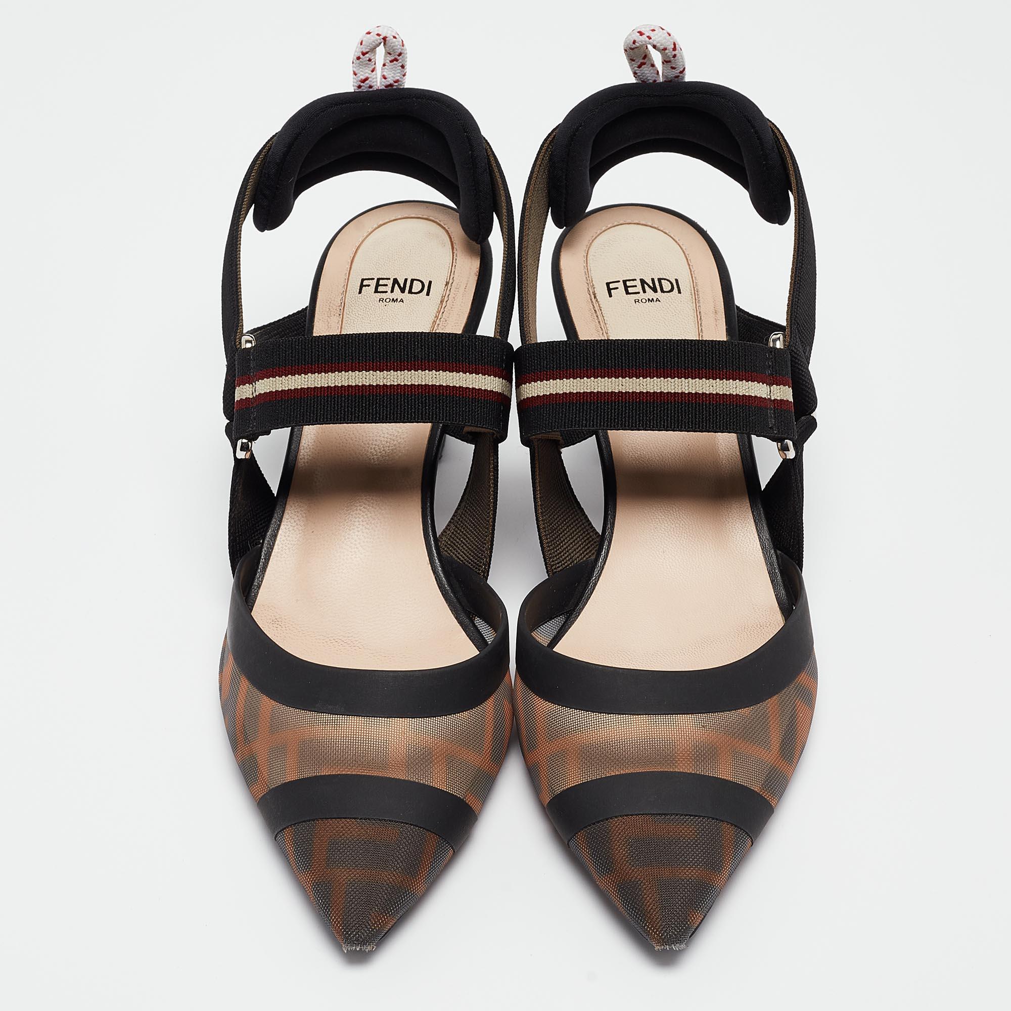 Fendi Brown/Black Zucca Mesh and Leather Colibri Pumps Size 37 In Good Condition In Dubai, Al Qouz 2