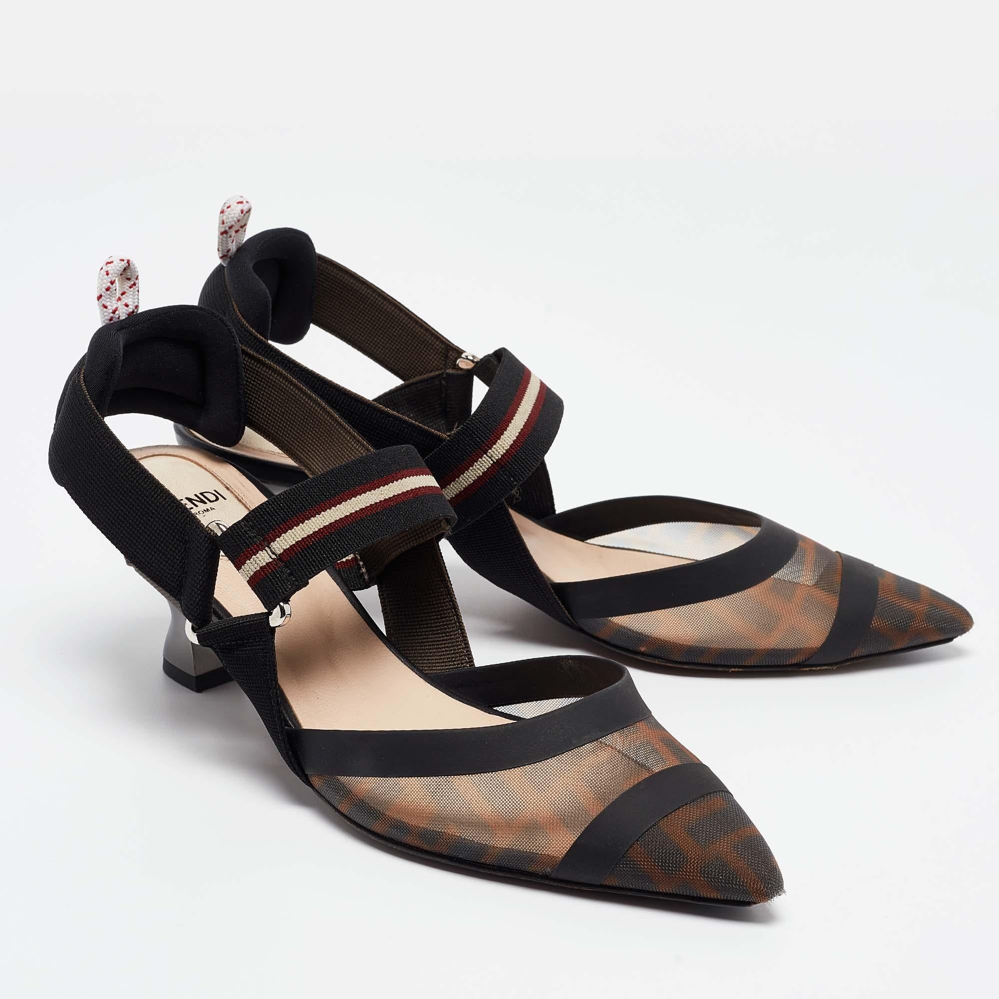 Women's Fendi Brown/Black Zucca Mesh and Leather Colibri Pumps Size 37
