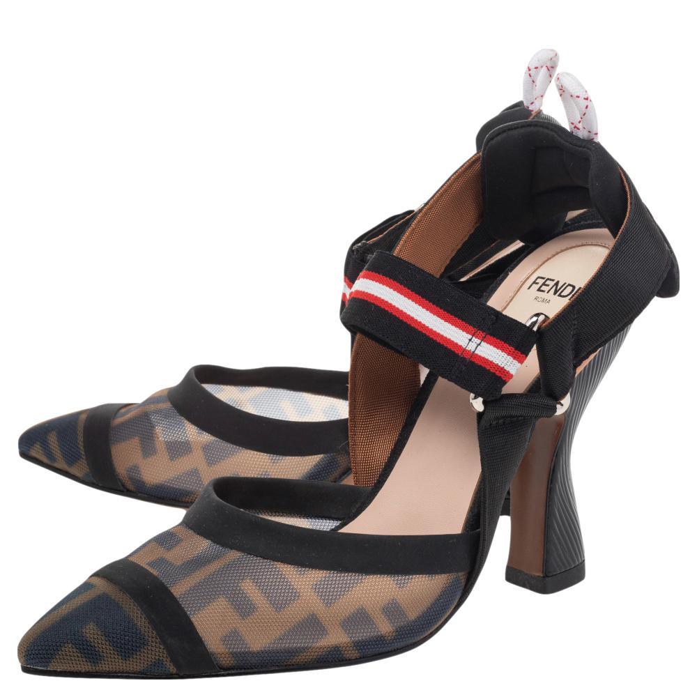 Women's Fendi Brown/Black Zucca Mesh And Leather Colibri Slingback Sandals Size 39