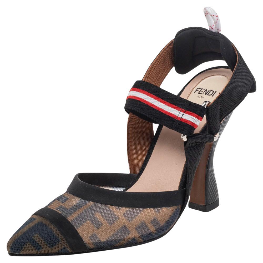 Fendi Brown/Black Zucca Mesh And Leather Colibri Slingback Sandals Size 39  at 1stDibs