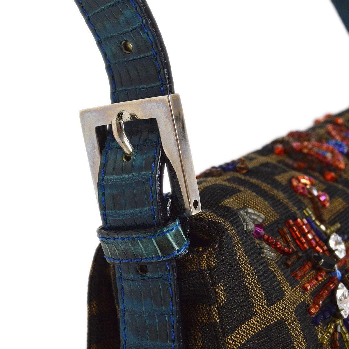 Donna FENDI Marrone Nero Zucca Monogram Logo Lucertola Pelle Esotica Borsa Baguette Flap in vendita