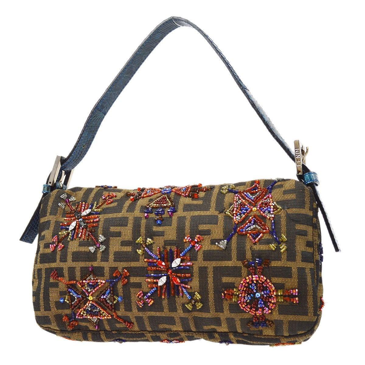 FENDI Marrone Nero Zucca Monogram Logo Lucertola Pelle Esotica Borsa Baguette Flap in vendita 1
