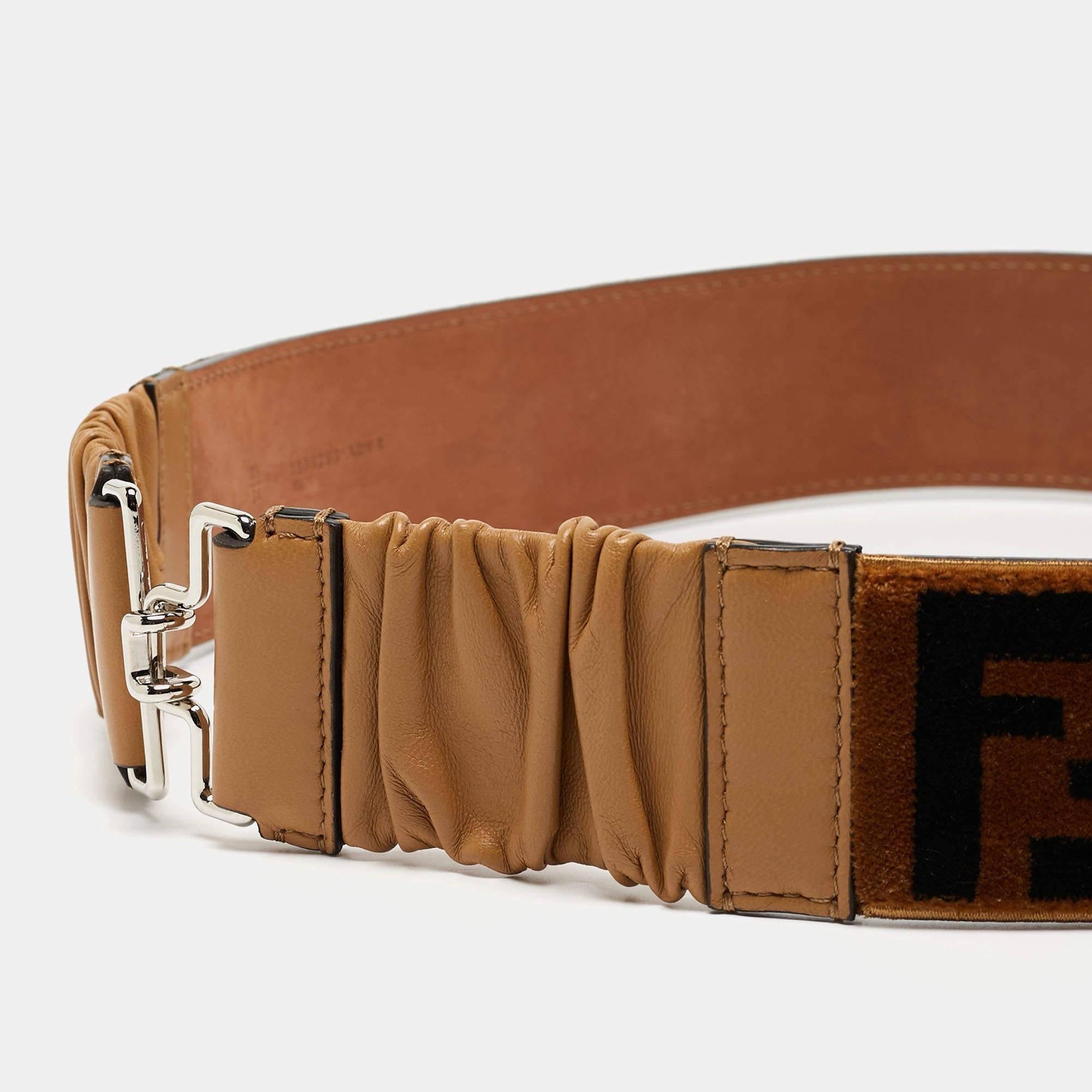 Women's Fendi Brown/Black Zucca Velvet and Pleated Leather Waist Belt 85CM For Sale