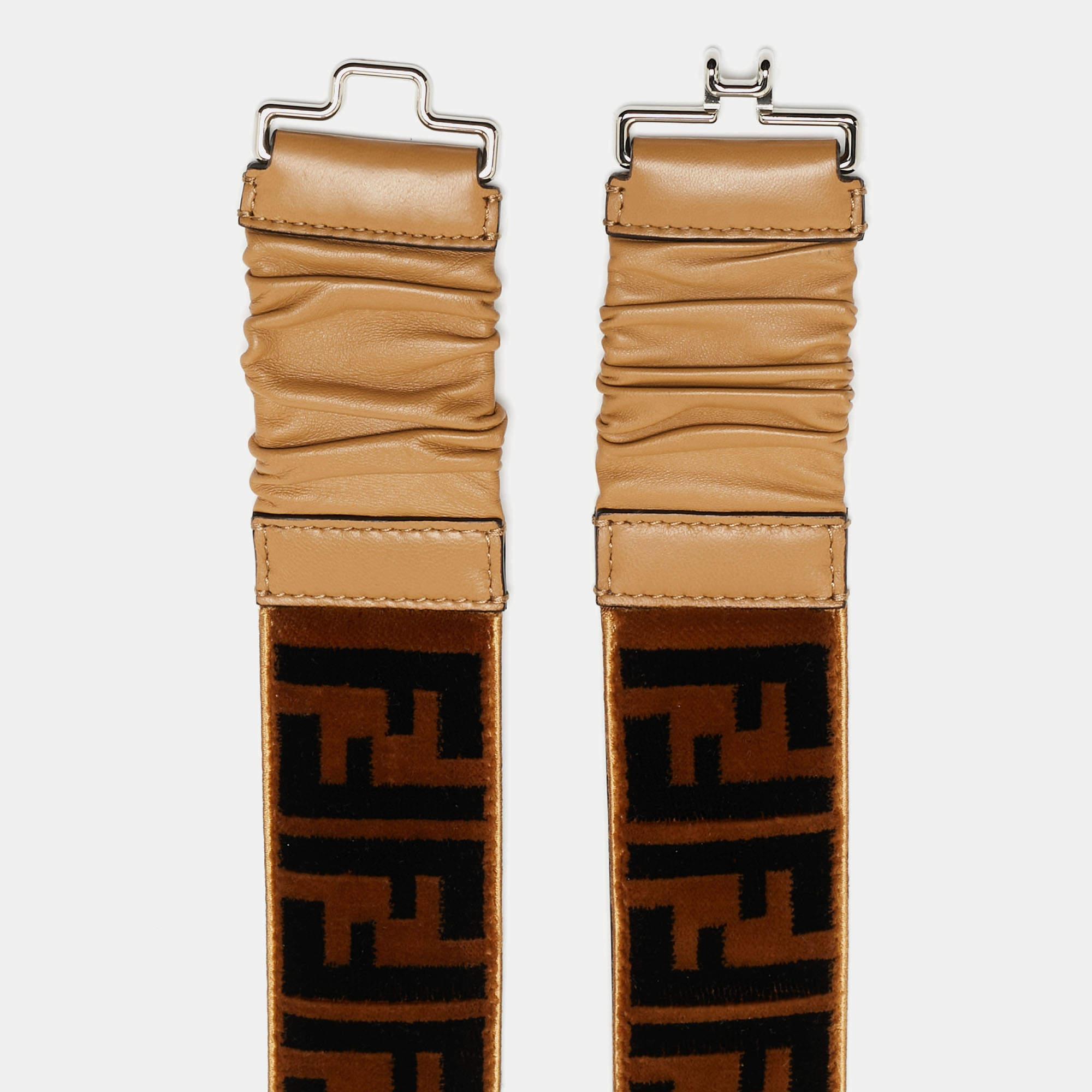 Fendi Brown/Black Zucca Velvet and Pleated Leather Waist Belt 85CM For Sale 1