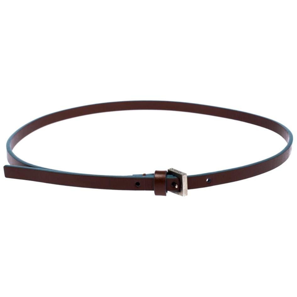 Fendi Brown/Blue Leather Slim Buckle Belt 85CM