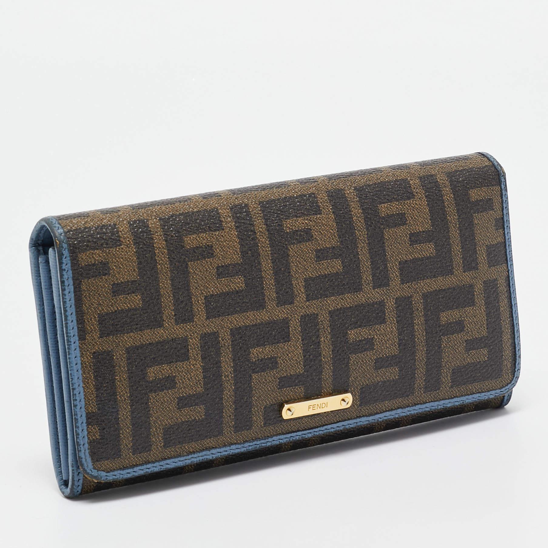 Fendi Brown/Blue Zucca Coated Canvas and Leather Flap Continental Wallet In Fair Condition In Dubai, Al Qouz 2