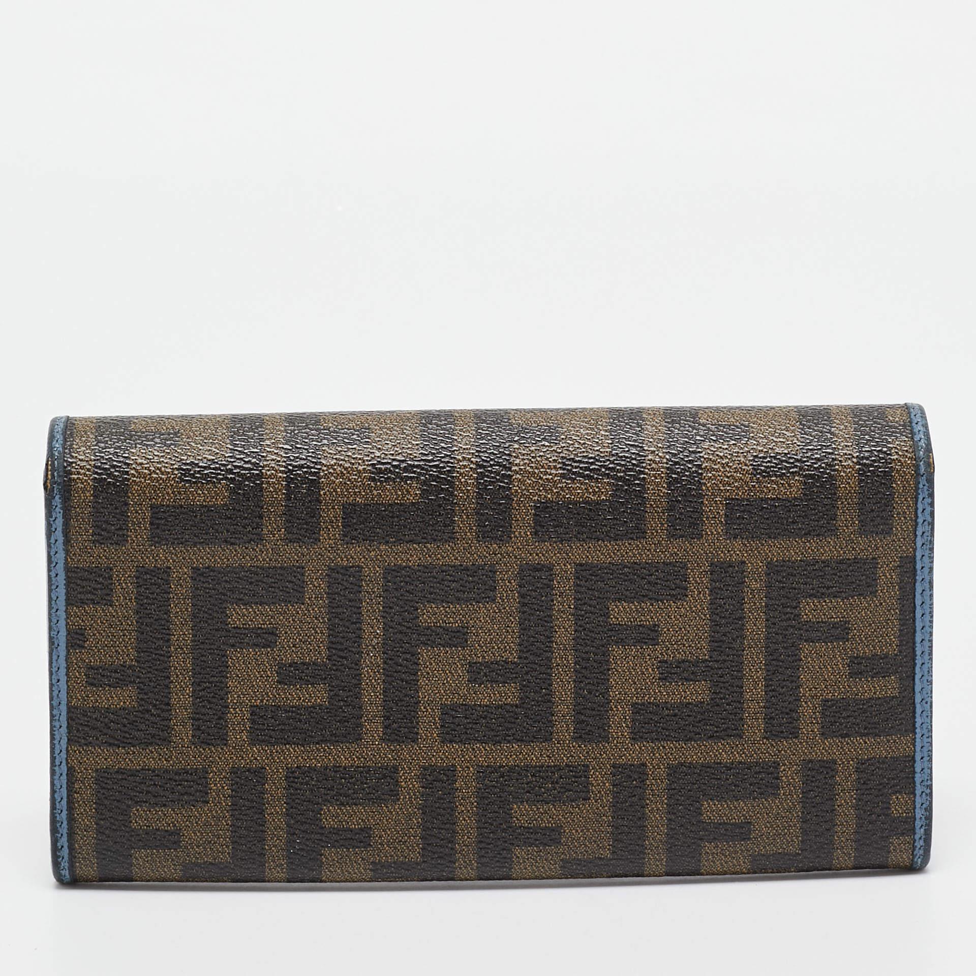 Women's Fendi Brown/Blue Zucca Coated Canvas and Leather Flap Continental Wallet