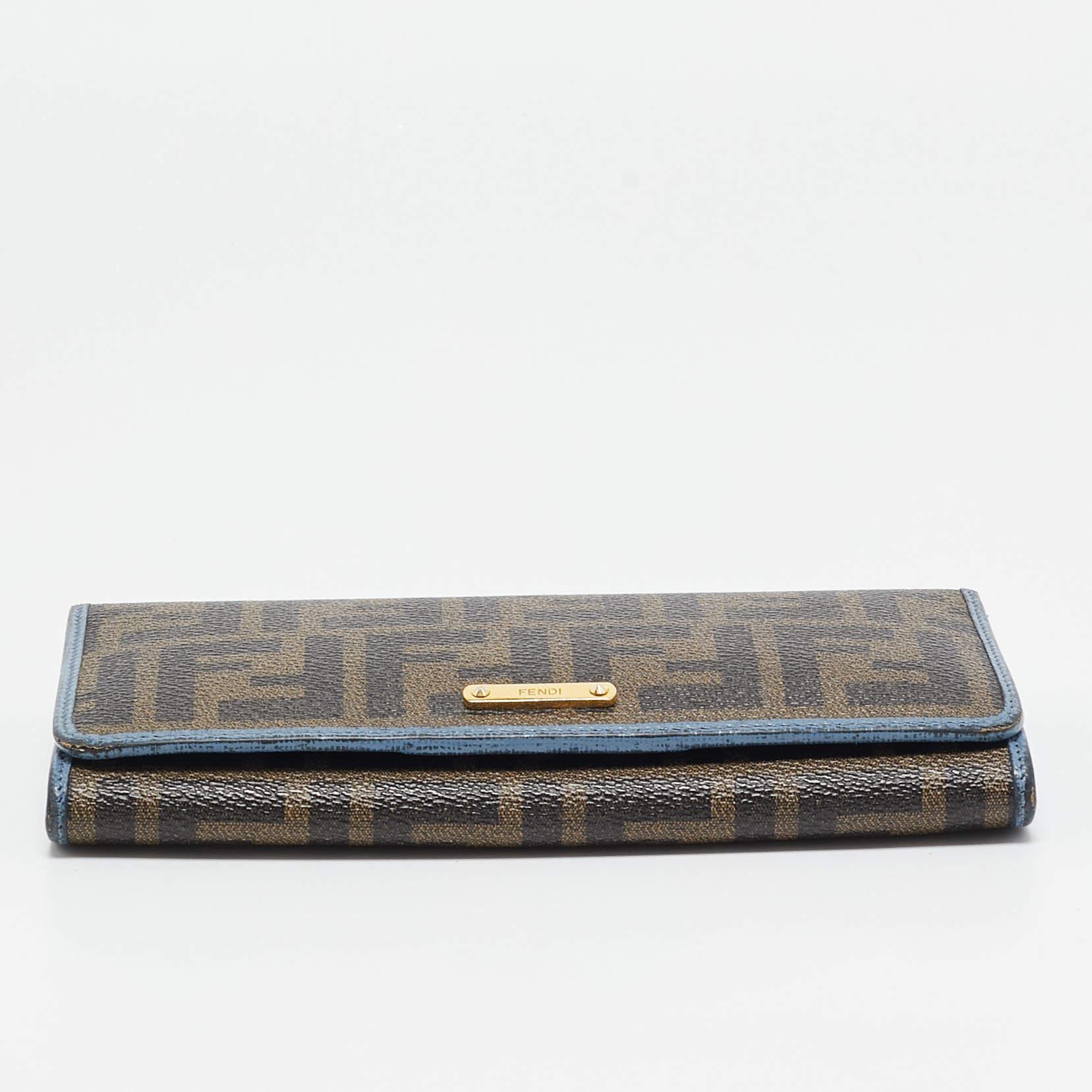 Fendi Brown/Blue Zucca Coated Canvas and Leather Flap Continental Wallet 3