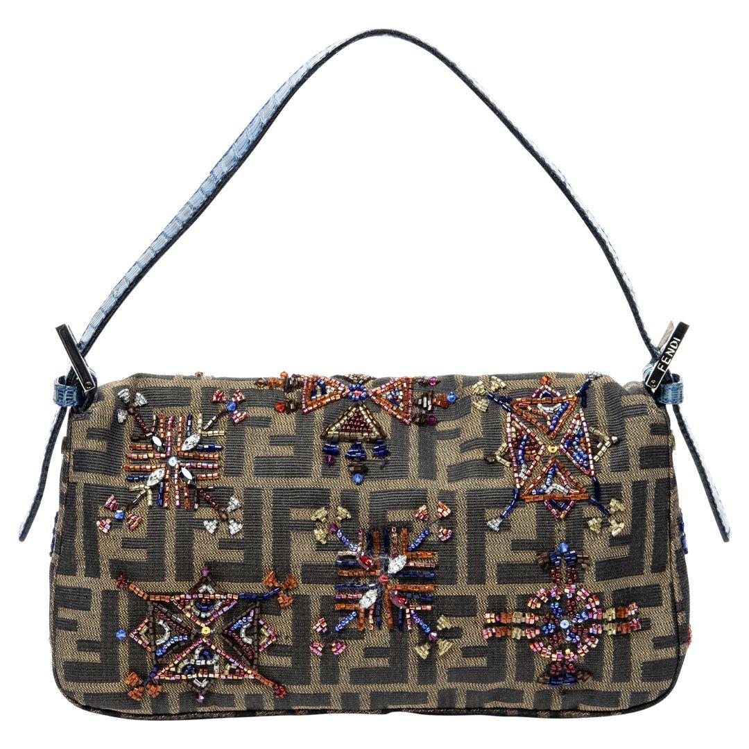 Fendi Brown/Blue Zucca Embroidered Python Beaded Baguette In Good Condition For Sale In Atlanta, GA