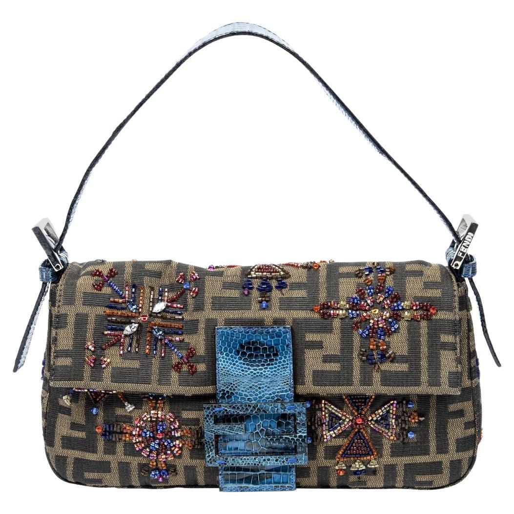 Fendi Brown/Blue Zucca Embroidered Python Beaded Baguette For Sale
