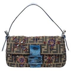 Used Fendi Brown/Blue Zucca Embroidered Python Beaded Baguette