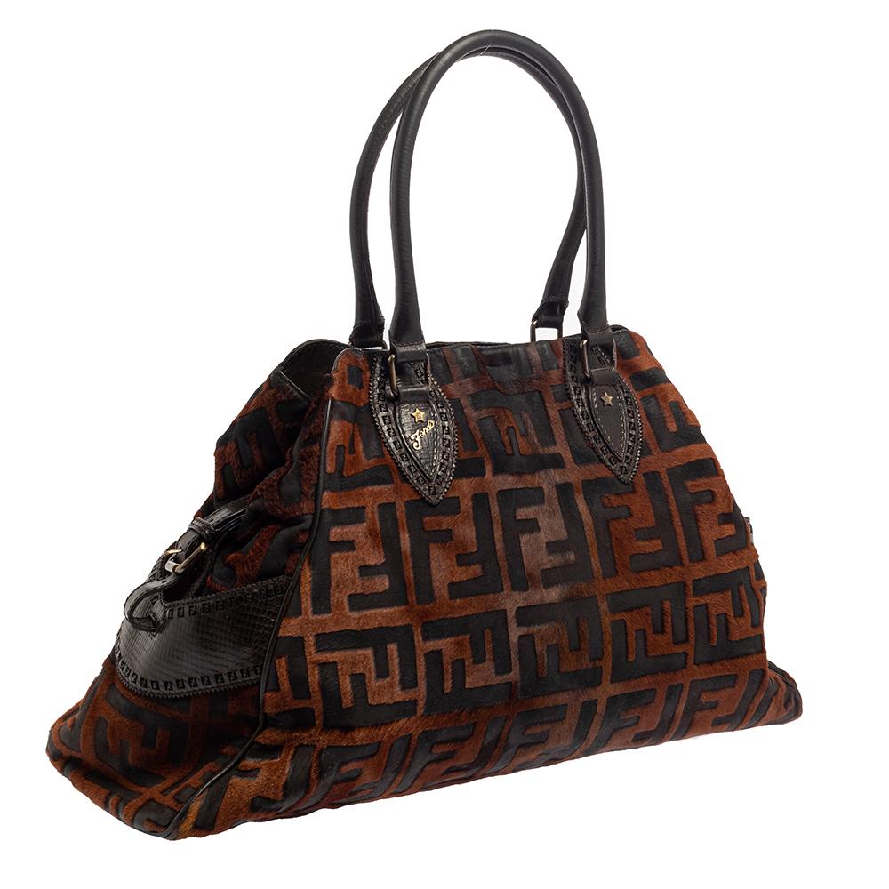 Black Fendi Brown Calfhair, Suede and Leather Chef De Jour Bag