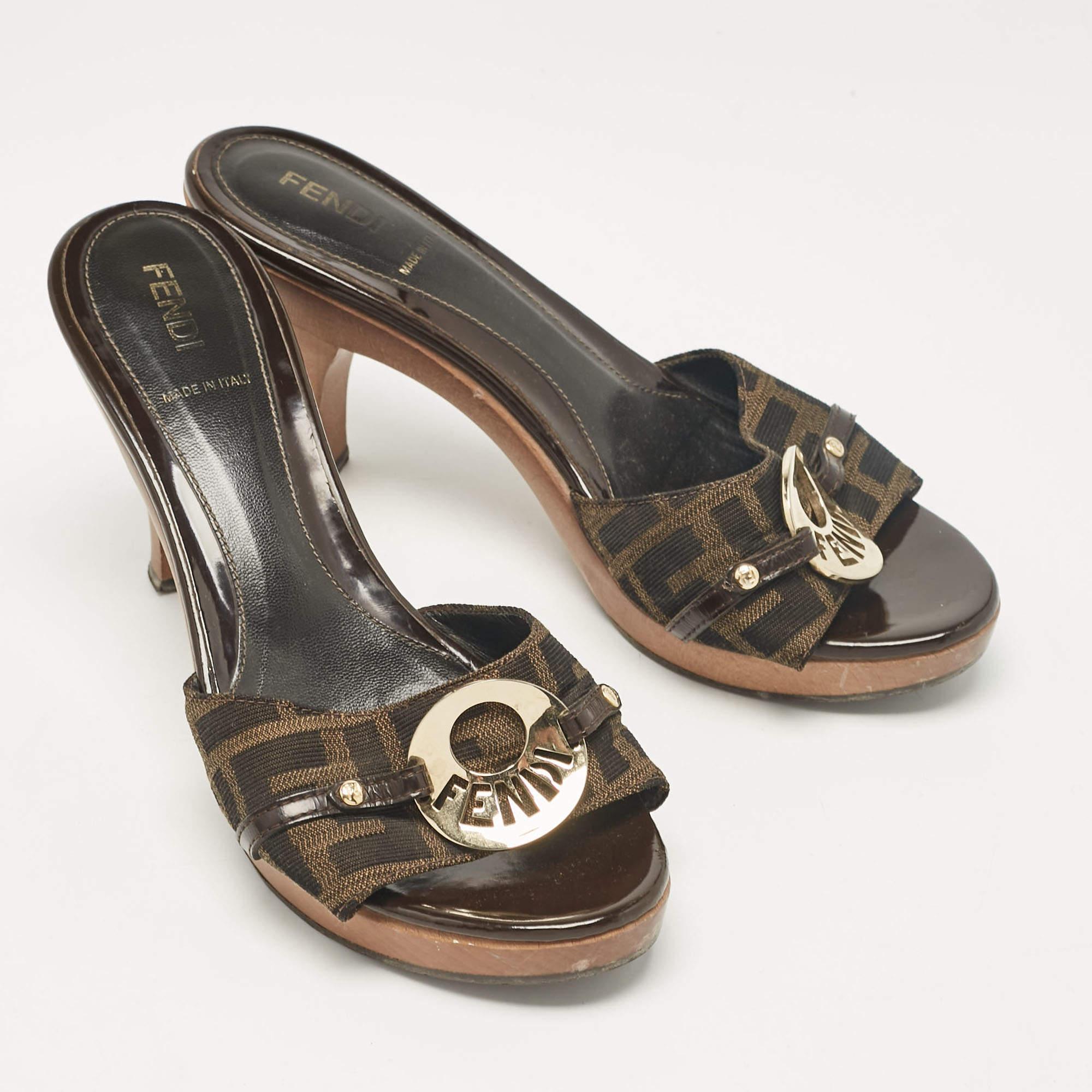 Women's Fendi Brown Canvas and Patent Leather Slide Sandals Size 37.5