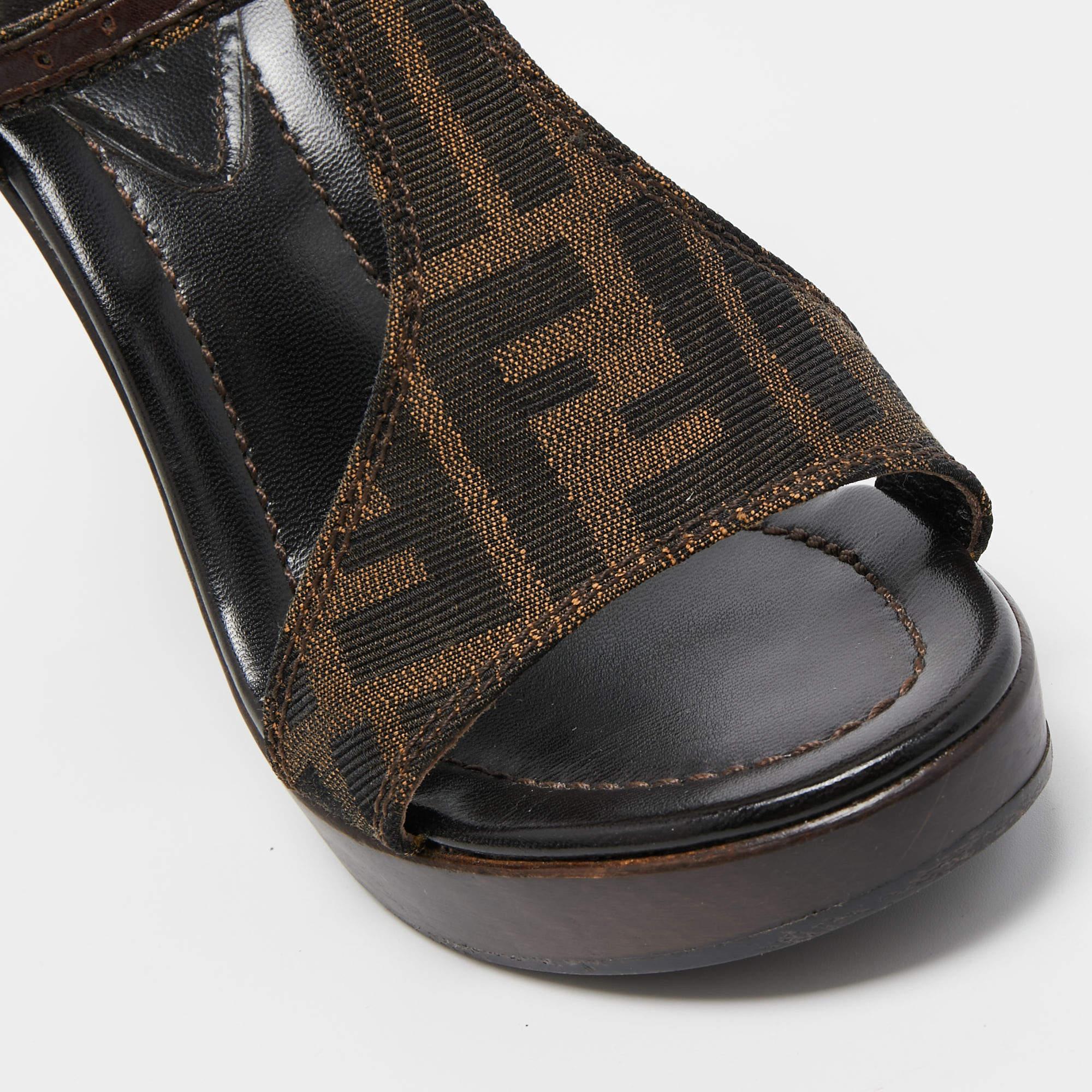 Fendi Brown Canvas FF Block Heel Sandals Size 36.5 2