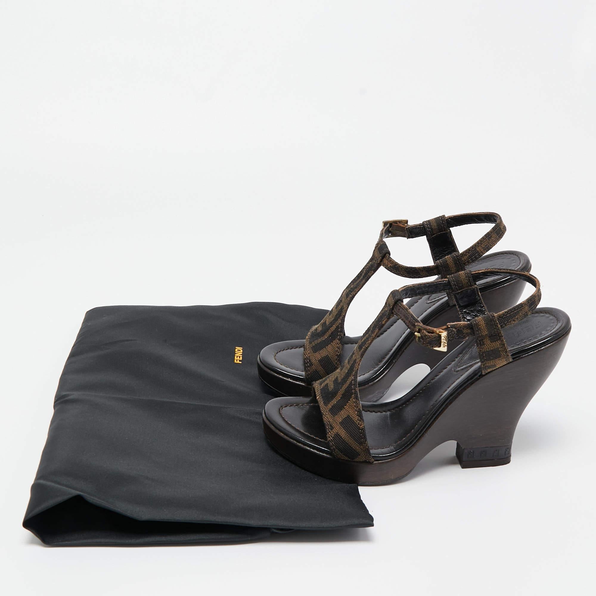 Fendi Brown Canvas FF Block Heel Sandals Size 36.5 3